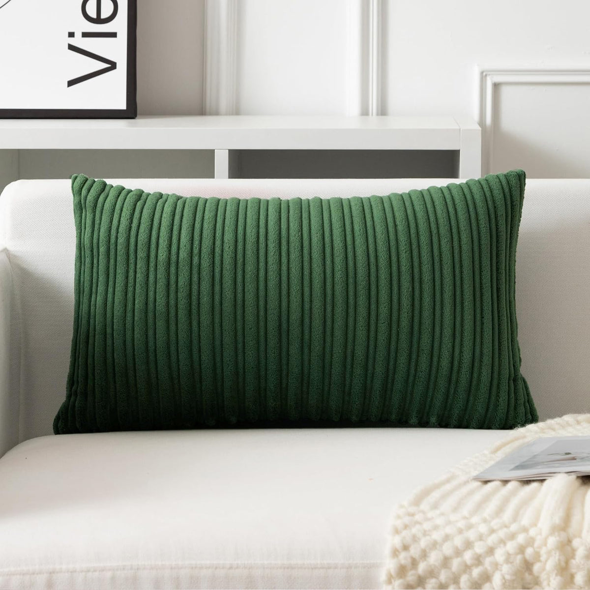 UGASA Velvet 12x20 Inch Lumbar Soft Throw Pillow Cover Boho Farmhouse Decorative Corduroy Striped Both Sides Solid Rectangular Cushion Case for Couch Bedroom Sofa Home, 1 Piece, Beige