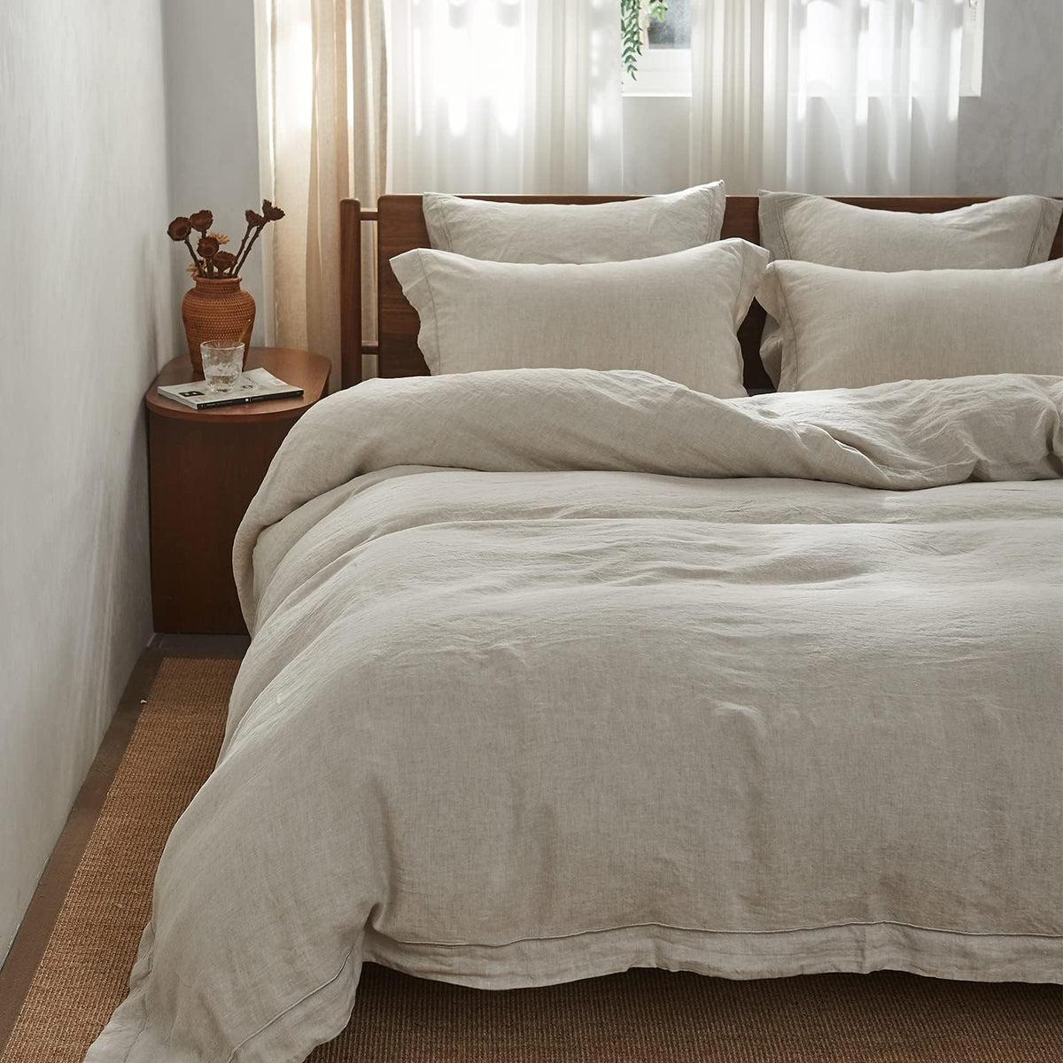 Simple&Opulence 100% French Linen Duvet Cover Set with Embroidered,3 Pcs Washed Soft Farmhouse Bedding Set with Button Closure,1 Comforter Cover and 2 Pillowshams(King,Natural Linen)