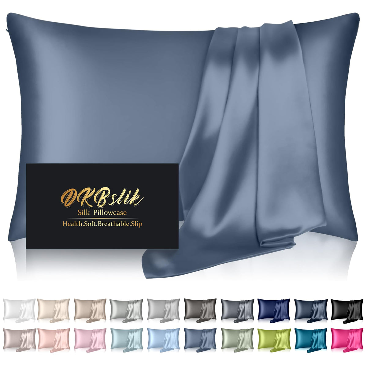 Silk Pillowcase for Hair and Skin, Mulberry Silk Pillow Cases Standard Size, Anti Acne Cooling Sleep Both Sides Natural Silk Satin Pillow Covers with Hidden Zipper, Gifts for Women Men, Ash Blue