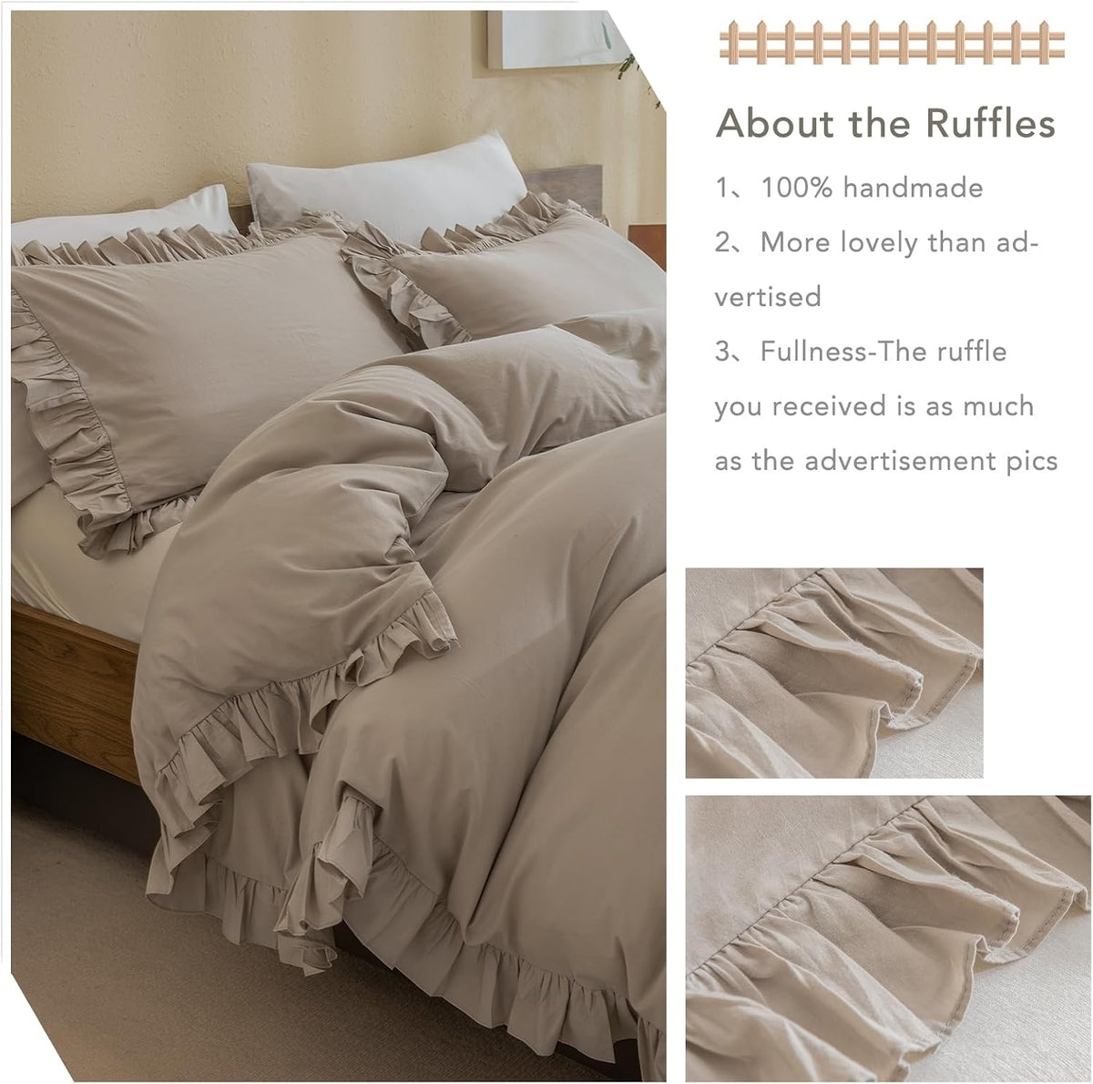 QSH Washed Cotton Duvet Cover King Ruffle Duvet Cover Linen Textured Farmhouse Shabby Vintage Chic Bedding Comforter Cover 3 PCs Aesthetic French Country Vintage King Bedding