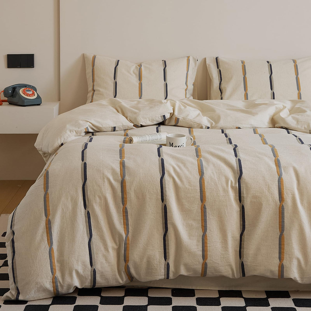 mixinni Retro Striped Duvet Cover Set King - 100% Natural Cotton 3-Piece Vintage Red Stripes Pattern Printed Bedding Set, Soft Breathable Comforter Cover with Zipper Closure & Corner Ties, King Size