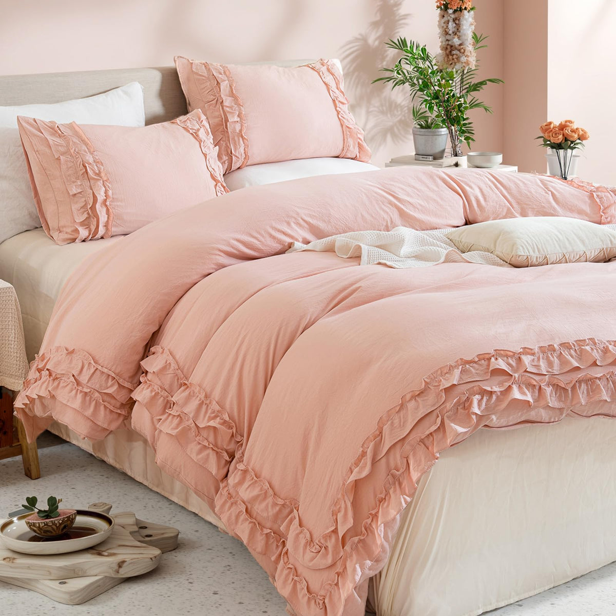 Bedorm Beige Duvet Cover Set Queen Ruffle Bedding Set Pleat Ruffled Shabby Chic Comforter Cover Extra Soft & Easy Care White Boho Duvet Cover with Zipper Closure