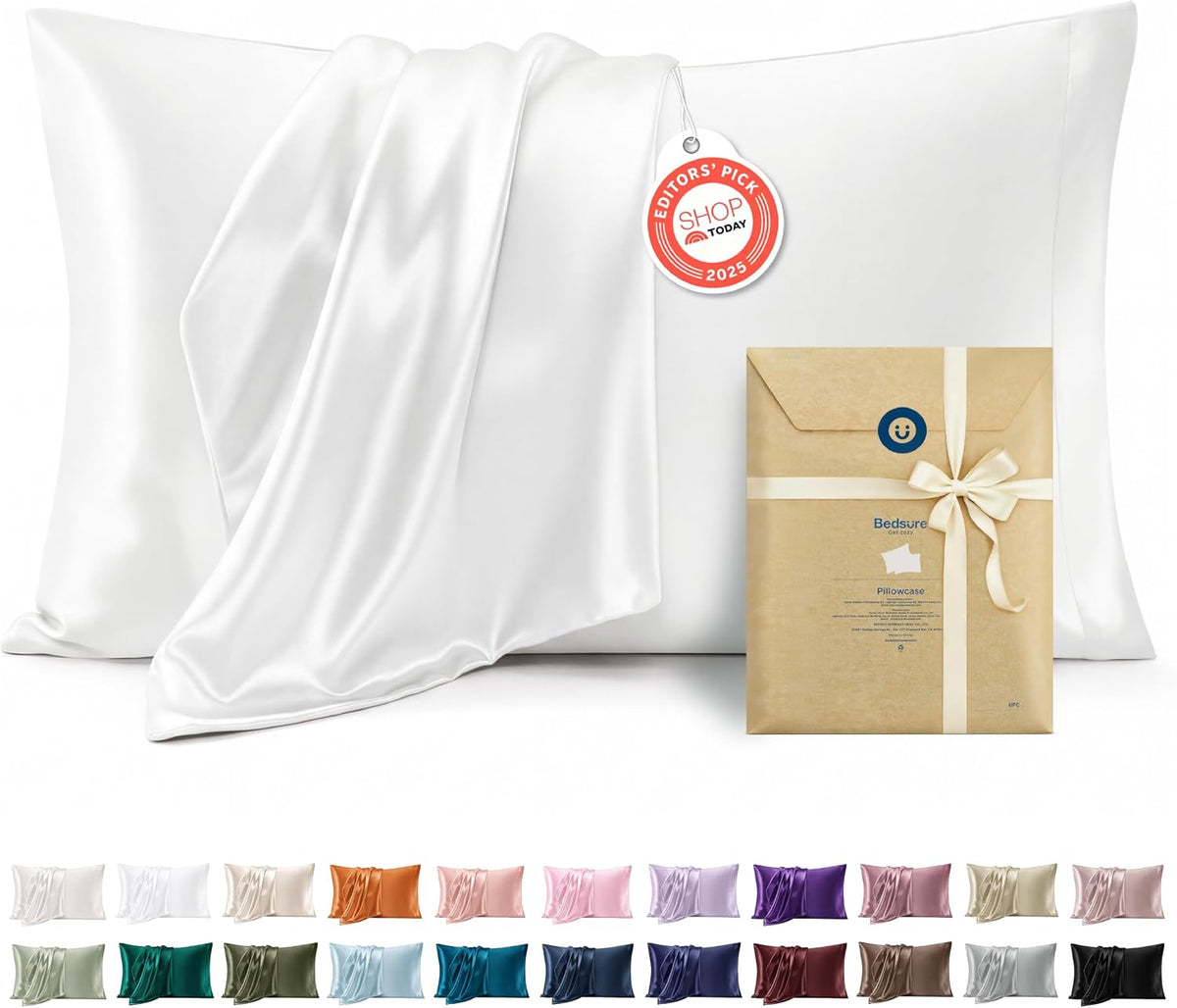 Bedsure Satin Pillowcase Standard Set of 2, Silky Pillow Cases, White