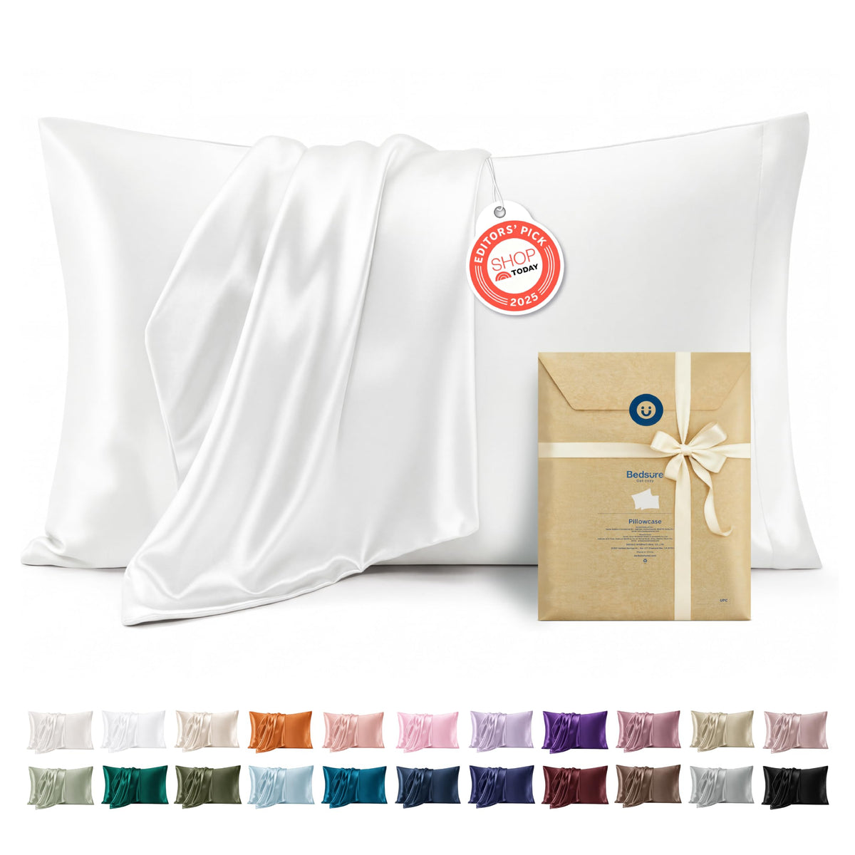 Bedsure Satin Pillowcase Standard Set of 2, Silky Pillow Cases, White