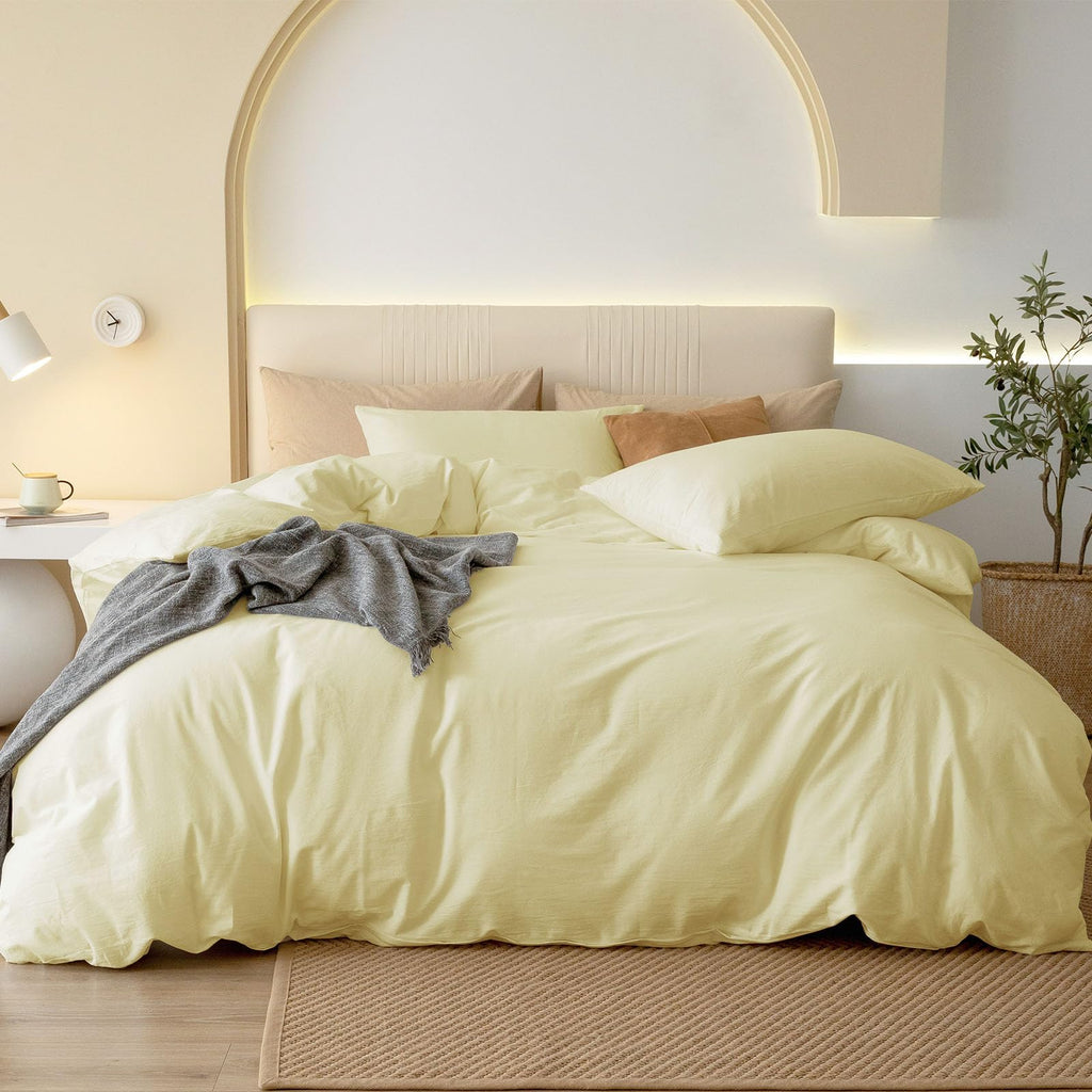JIYUAN Queen Washed Cotton Duvet Cover Set, 3-Piece, Relaxed Linen Feel