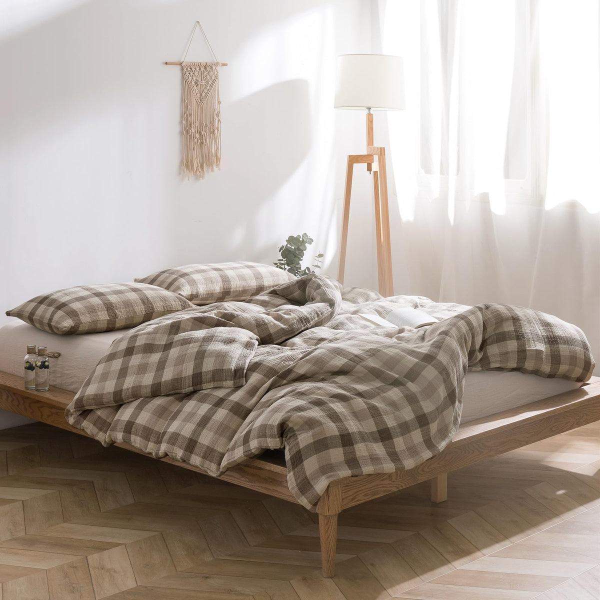 Plaid Duvet Cover Set Washed Cotton,Queen(90"x90"),Multicolor Gingham