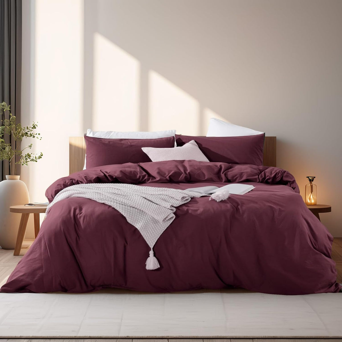 NEXHOME PRO Duvet Cover Set Queen Size Linen Look Textured 100% Washed Cotton Duvet Cover Burgundy Dark Red 3 Pieces Bedding Set with Zipper Closure,Breathable, Soft Organic Natural(No Comforter)