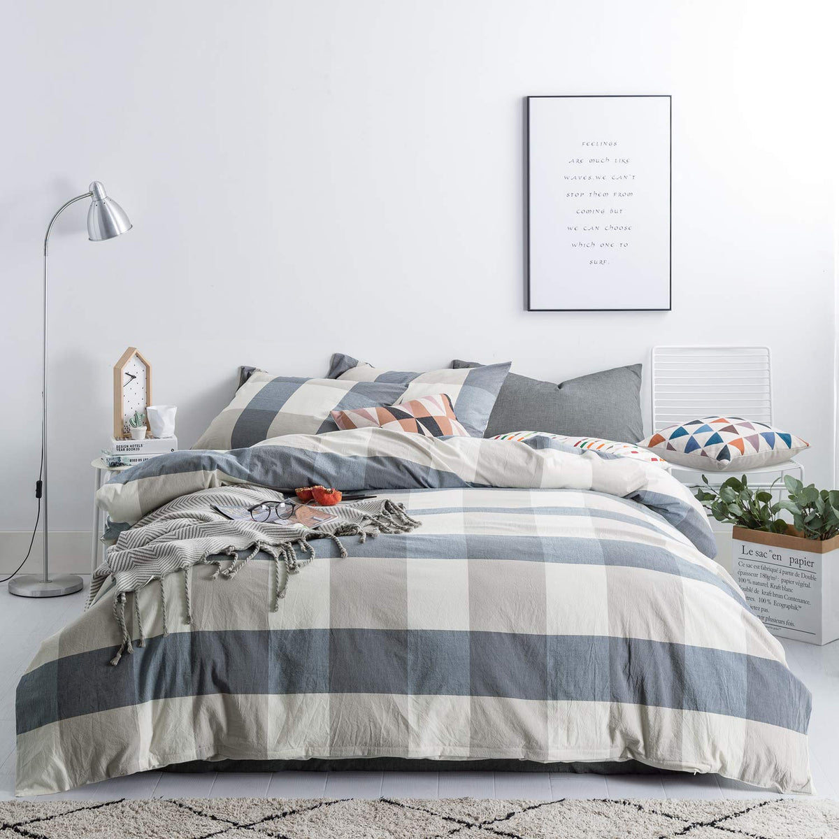 SUSYBAO Light Blue Gingham Duvet Cover Queen 100% Washed Cotton Blue Plaid Duvet Cover Set 3 Pieces 1 Blue Grid Duvet Cover with Zipper Ties 2 Pillow Cases Luxury Gingham Plaid Bedding Set Breathable