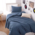 Wake In Cloud - Cotton Duvet Cover Set, 100% Washed Cotton, Linen Like Textured, Breathable Durable Comfy Farmhouse Neutral Bedding Set, 3 Pieces, Denim Blue, Queen Size