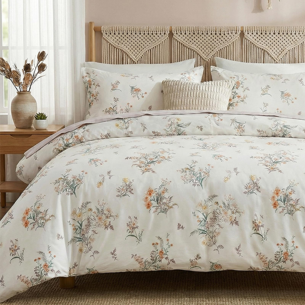 Duvet Cover Queen Size - 100% Cotton Reversible Floral Queen Duvet Cover Set with Zipper Closure, 3 Pieces Soft & Breathable Green Bedding Set for All Seasons