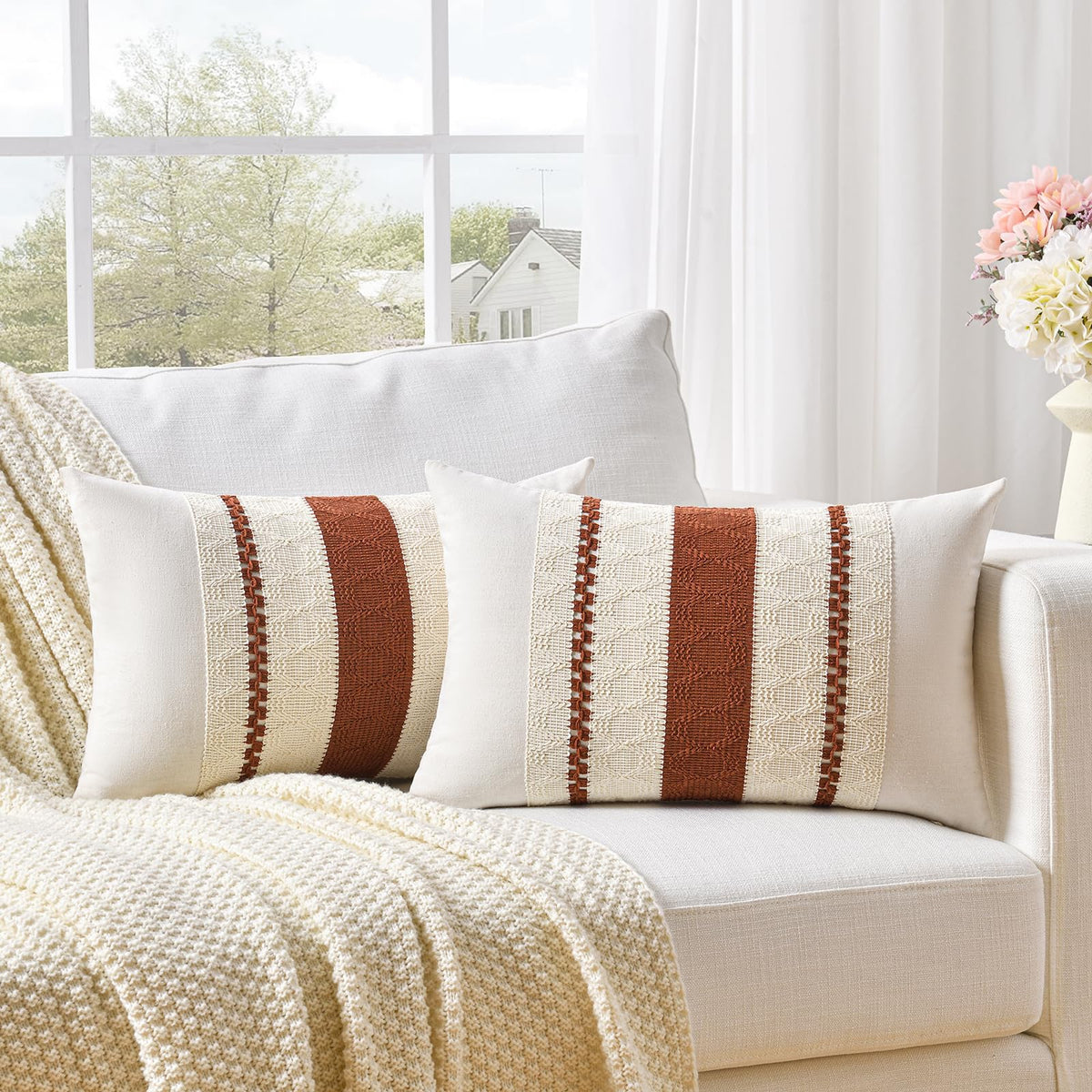 Fancy Homi Set of 2 Rust Boho Decorative Throw Pillow Covers 18x18 Inch for Couch Bed Sofa, Aesthetic Modern Organic Fall Room Decor, Soft Cotton Cute Terracotta Textured Farmhouse Cushion Case
