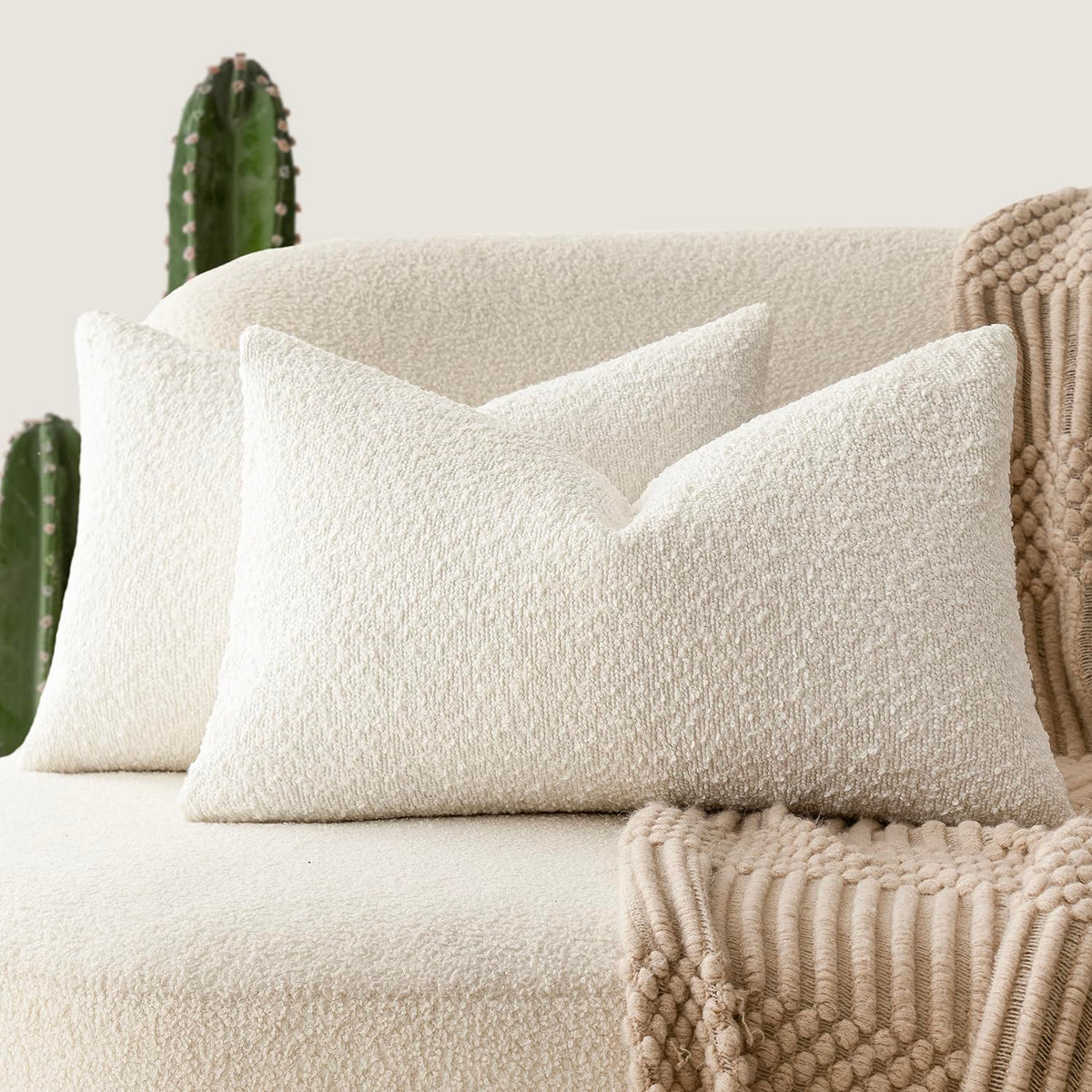 Foindtower Decorative Textured Boucle Throw Pillow Covers 18x18 Inch,Ivory