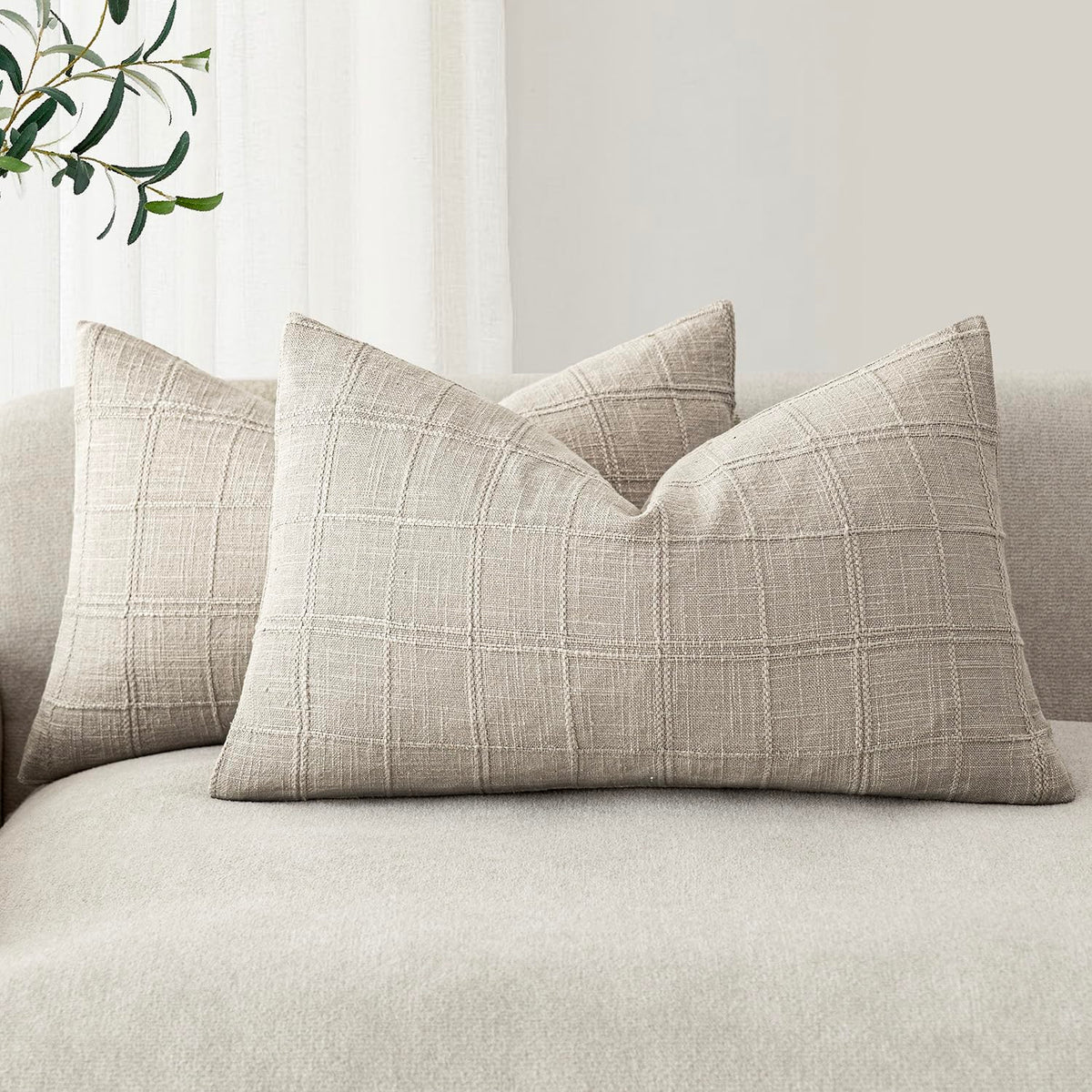 Foindtower Boho Linen Check Decorative Throw Pillow Cover 18×18 Olive Green