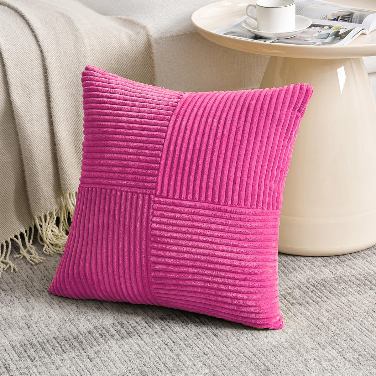 Fancy Homi Blush Pink Lumbar Decorative Throw Pillow Covers 12x20 Inch for Living Room Couch Bed, Rustic Farmhouse Boho Home Decor, Soft Striped Corduroy Rectangle Accent Cushion Case 30x50 cm