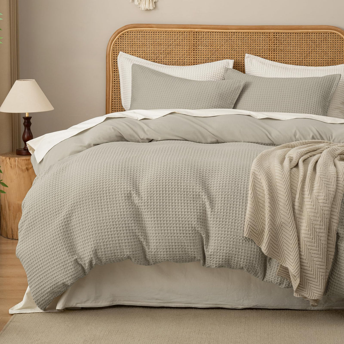 David's Home Soft Textured Waffle Weave Duvet Cover Set, King Size, Natural