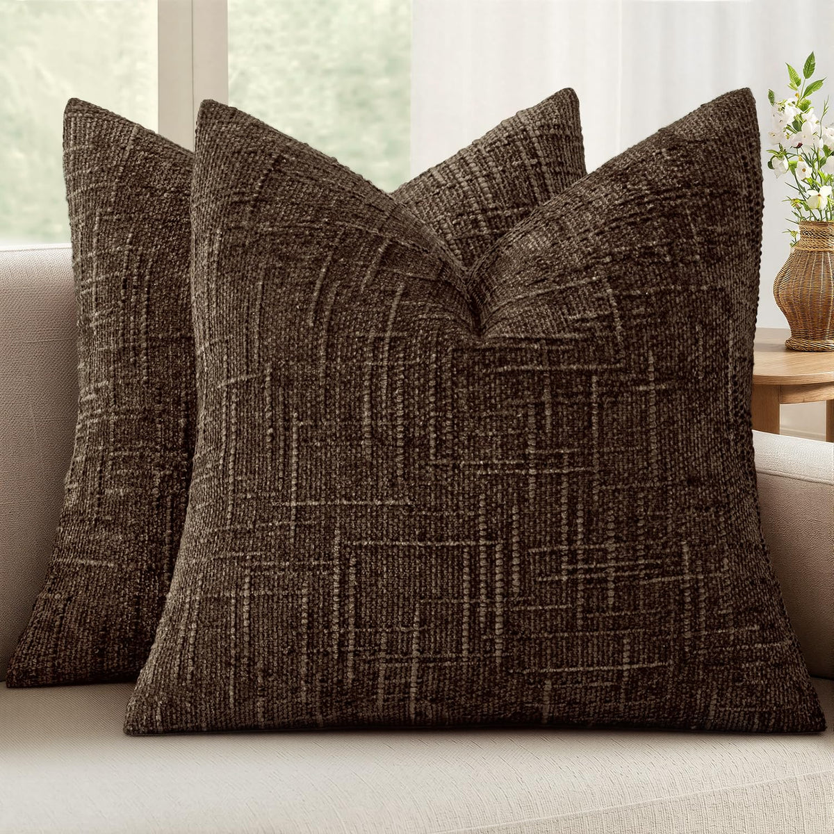 MIULEE Chenille Textured Throw Pillow Covers Cream White 20x20 Set of 2