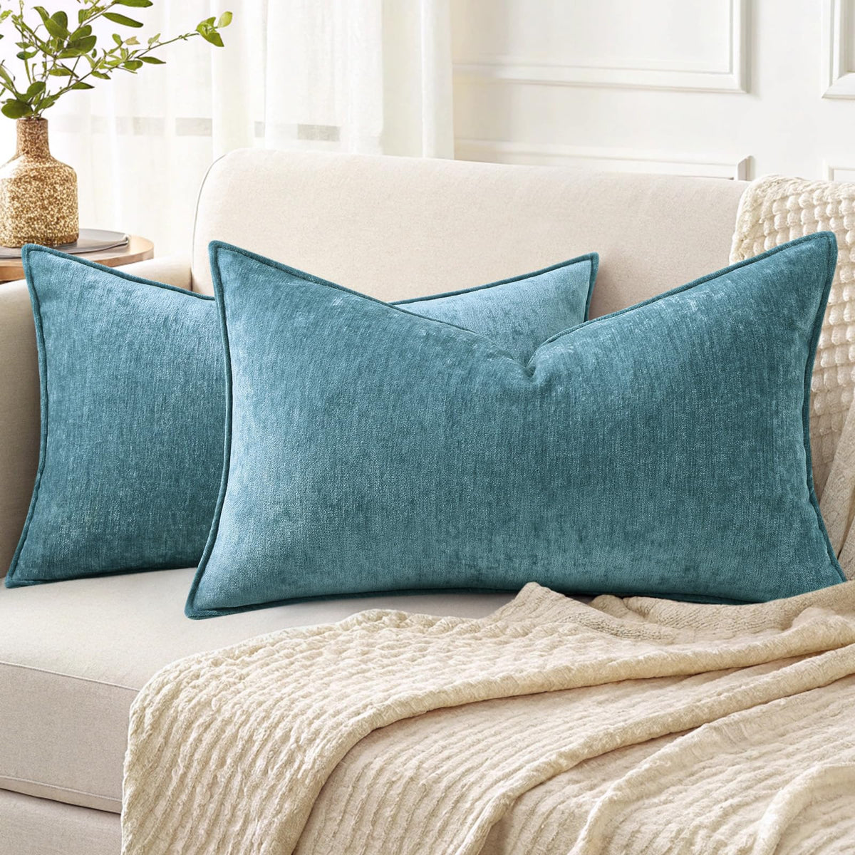 decorUhome Chenille Beige Velvet Throw Pillow Covers 20x20 Set of 2
