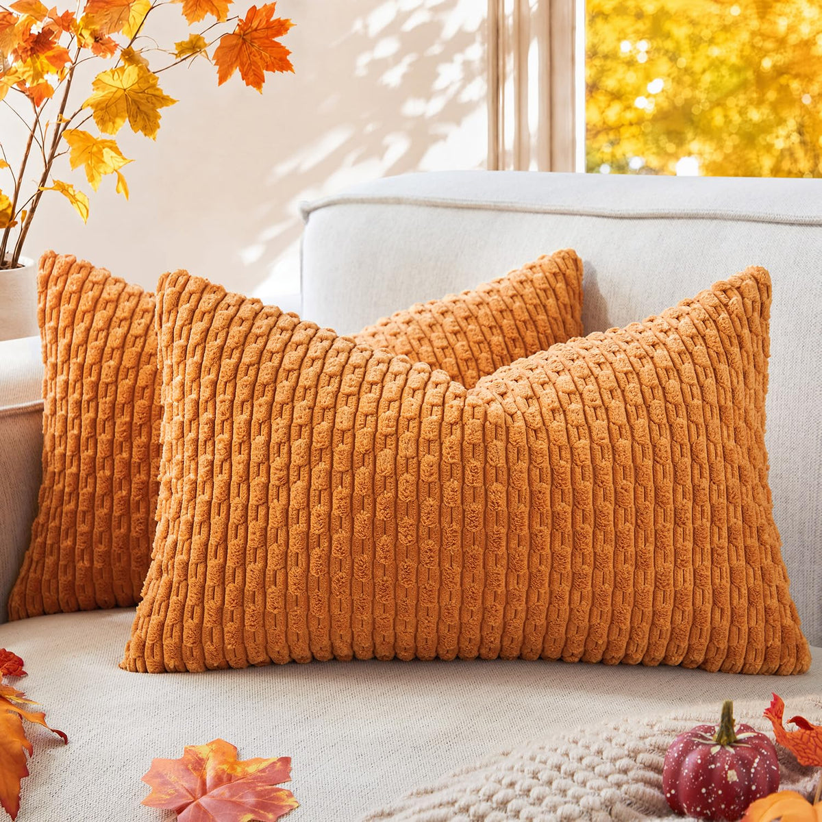 Kevin Textile Soft Corduroy 18x18 Inch Pillow Covers 2 Pack, Burnt Brick