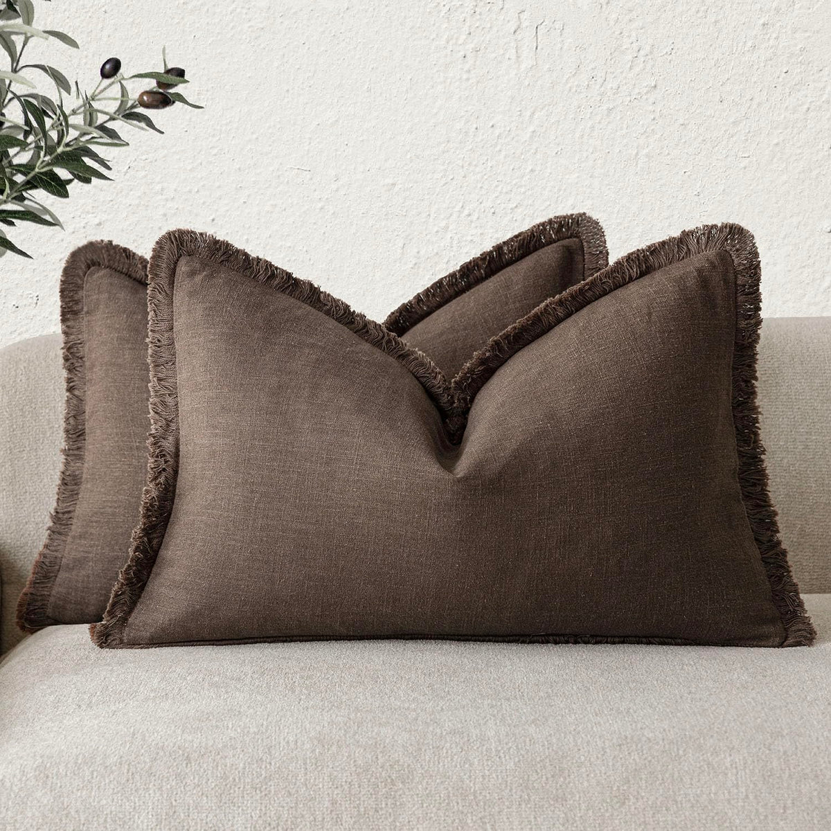 Foindtower Decorative Linen Fringe Throw Pillow Covers 20×20 Olive Green