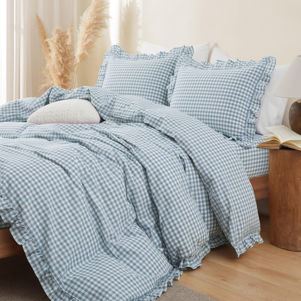 Taupe Gingham Ruffle Duvet Cover King Size 3 Piece