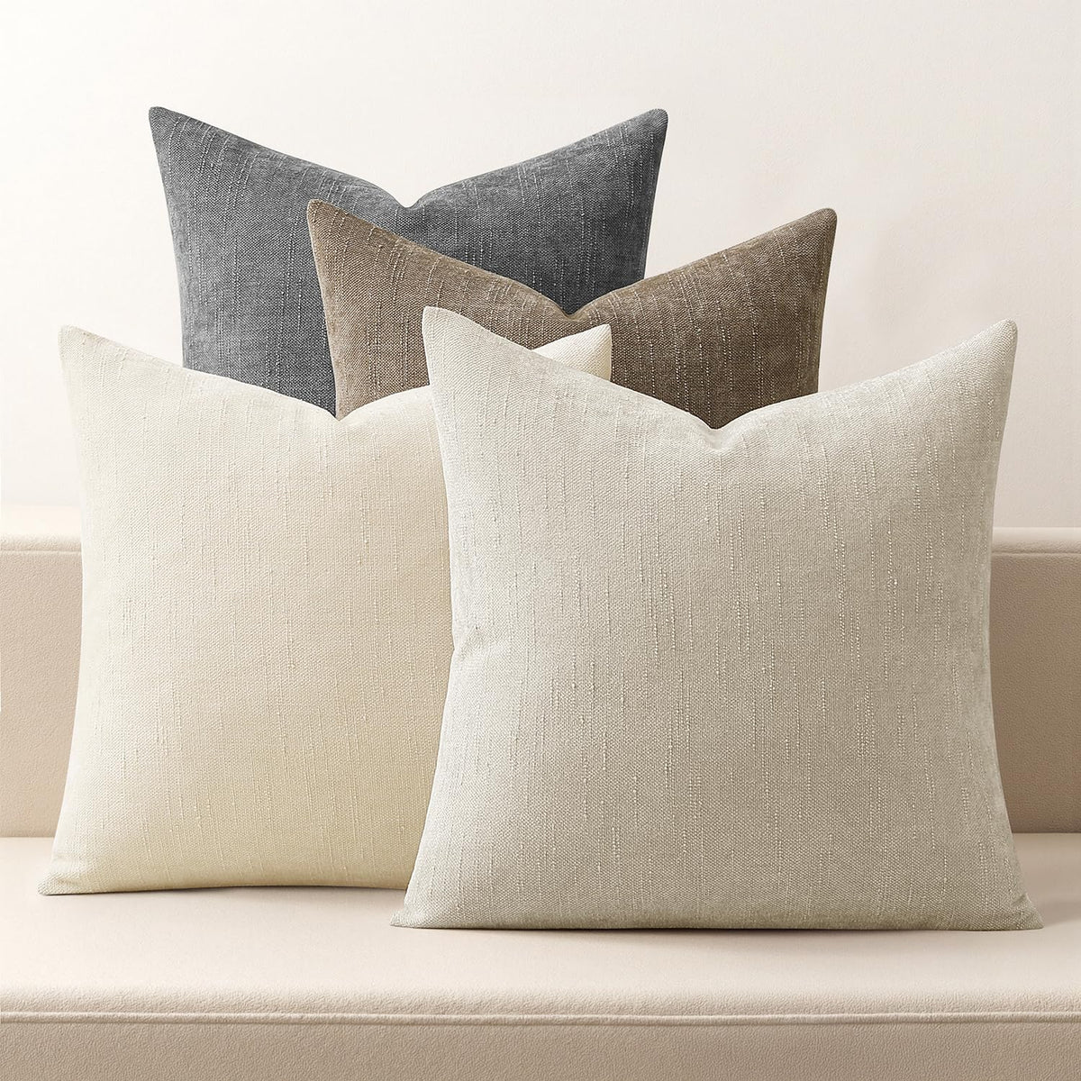 MIULEE Pack of 4 Fall Decorative Throw Pillow Covers 18x18 Inch Chenille Textured Throw Pillows Boho Farmhouse Cushion Covers Vintage Home Decor for Couch Sofa Bed Living Room，Beige Taupe Brown