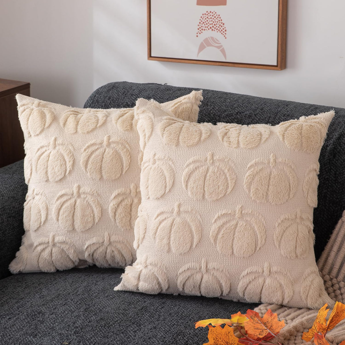 DFXSZ Fall Pillow Covers 18x18 2Pcs Beige Pumpkin Fall Decorations for Home