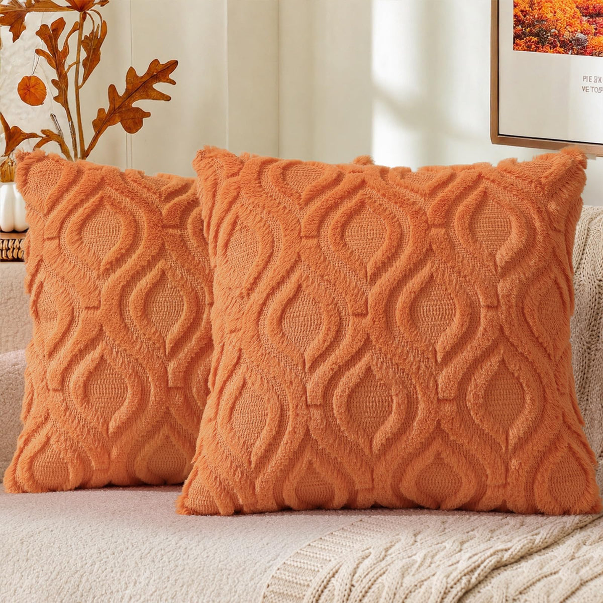 decorUhome Faux Fur Plush Soft Rust Throw Pillow Covers 18x18 Set of 2