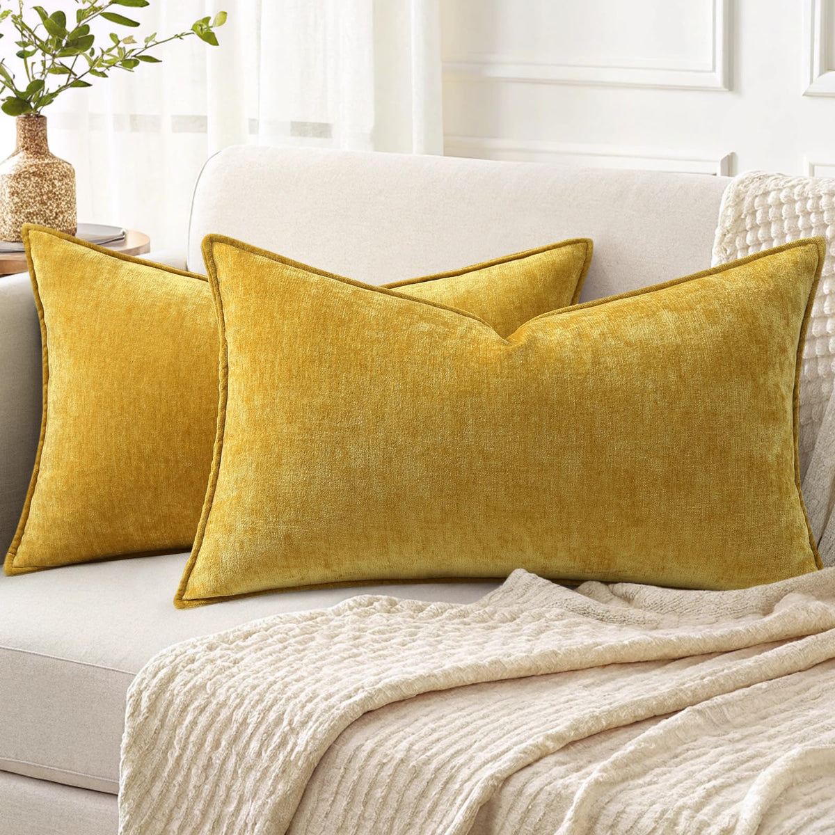 decorUhome Chenille Beige Velvet Throw Pillow Covers 20x20 Set of 2