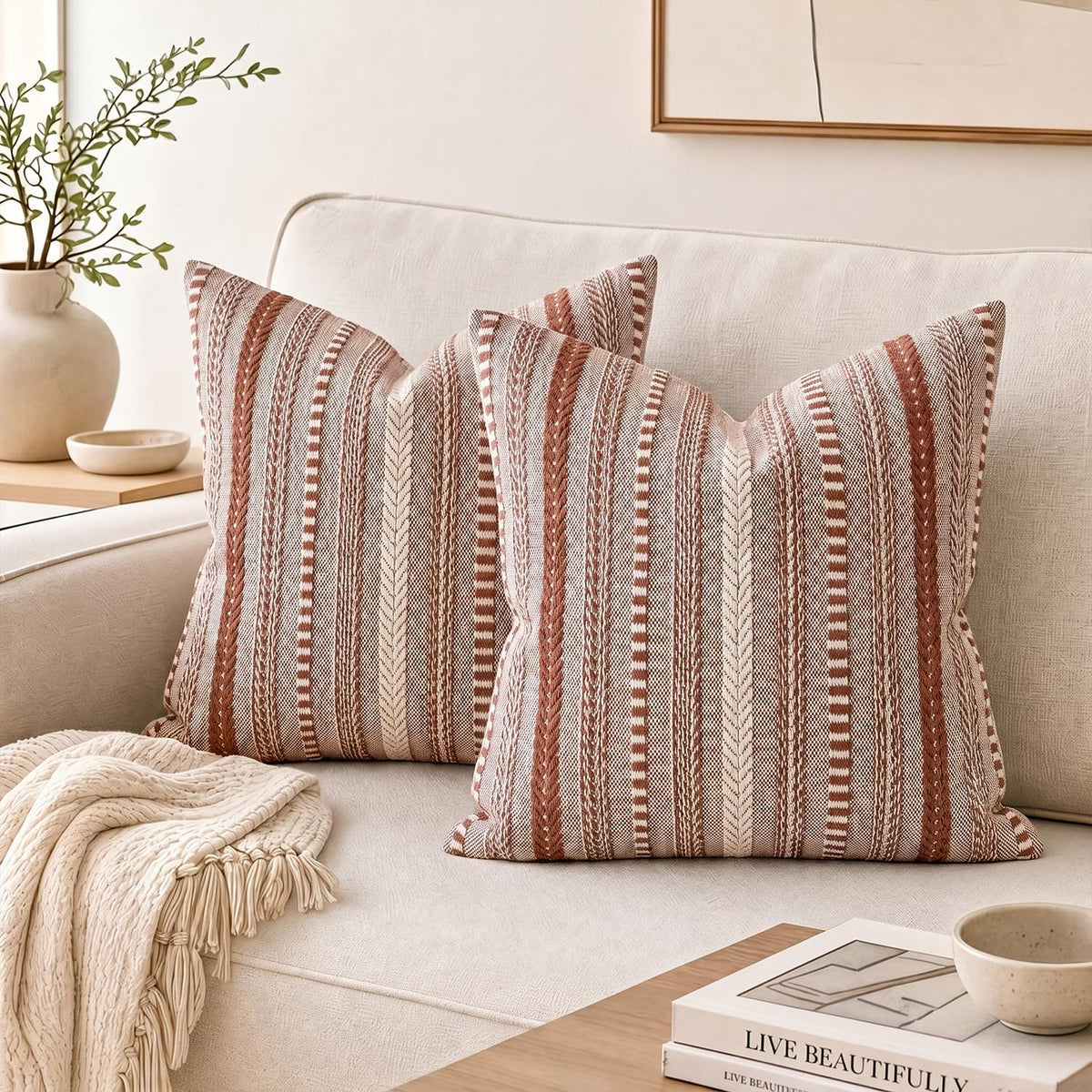 AVOIN colorlife Pink Boho Decorative Throw Pillow Covers Set of 2, 18 x 18 Inch Woven Stripe Textured Rustic Cushion Case Home Decor for Living Room Couch Sofa