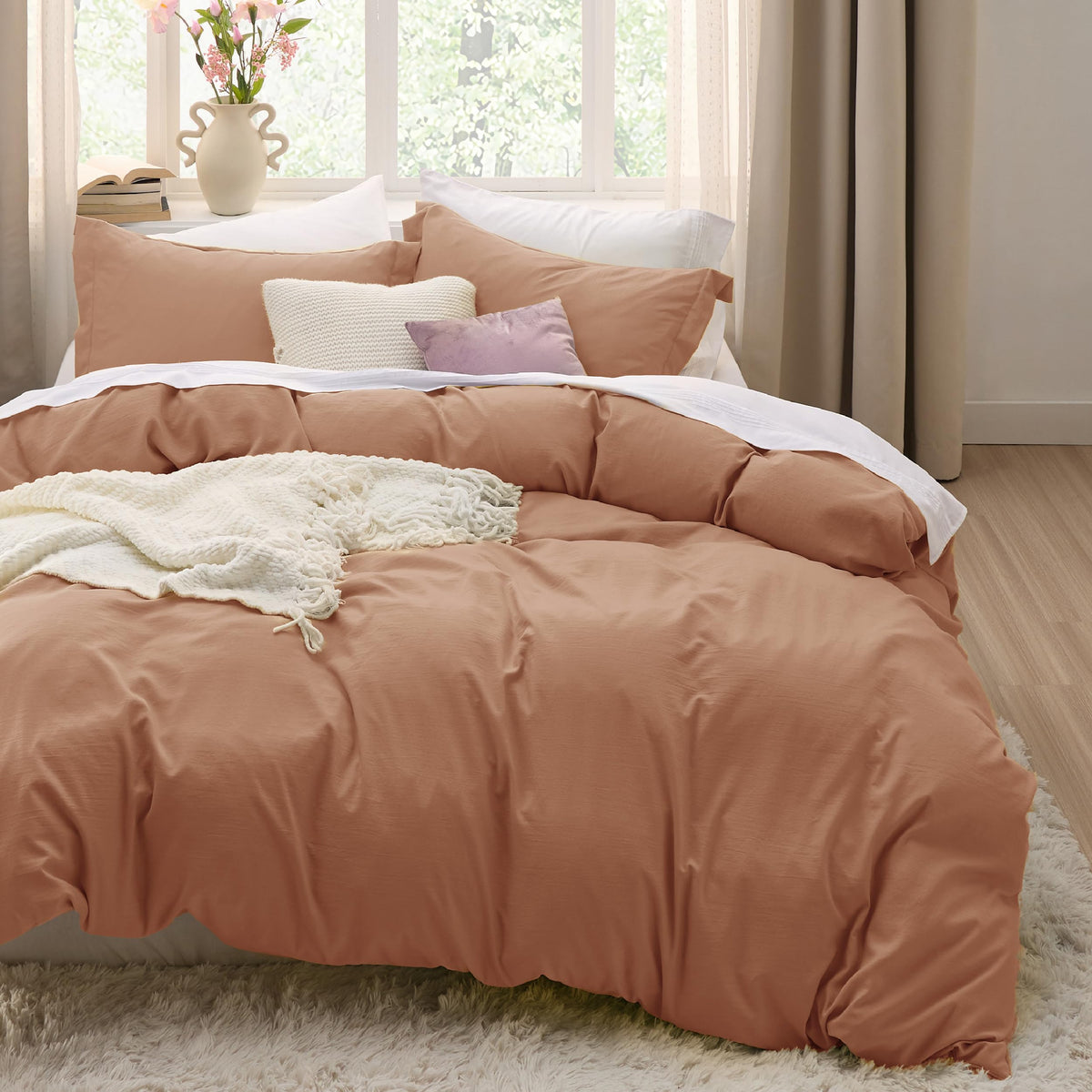 Bedsure Prewashed Duvet Cover Queen, Cotton-Like Soft Bedding Set, Beige