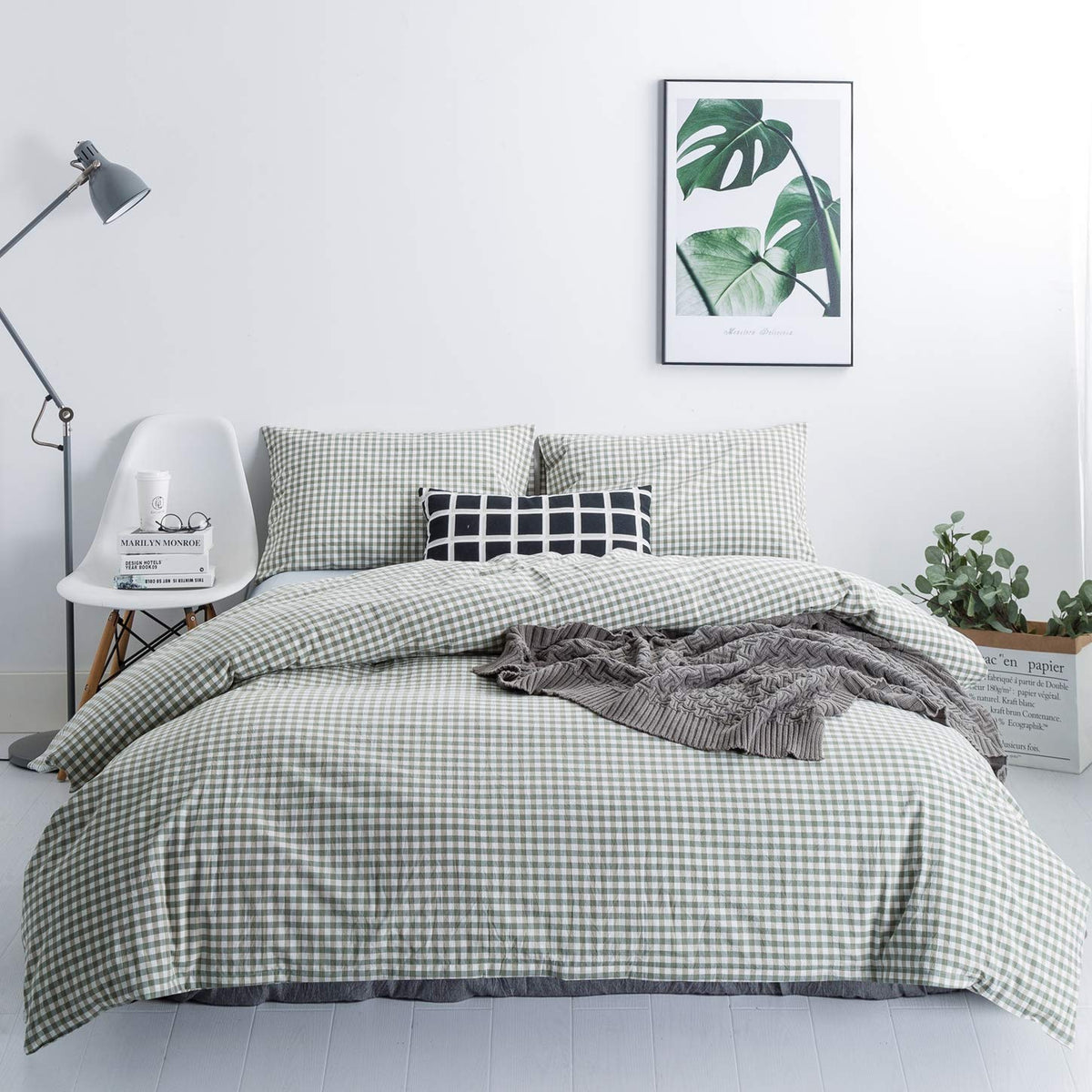 SUSYBAO Light Blue Gingham Duvet Cover Queen 100% Washed Cotton Blue Plaid Duvet Cover Set 3 Pieces 1 Blue Grid Duvet Cover with Zipper Ties 2 Pillow Cases Luxury Gingham Plaid Bedding Set Breathable