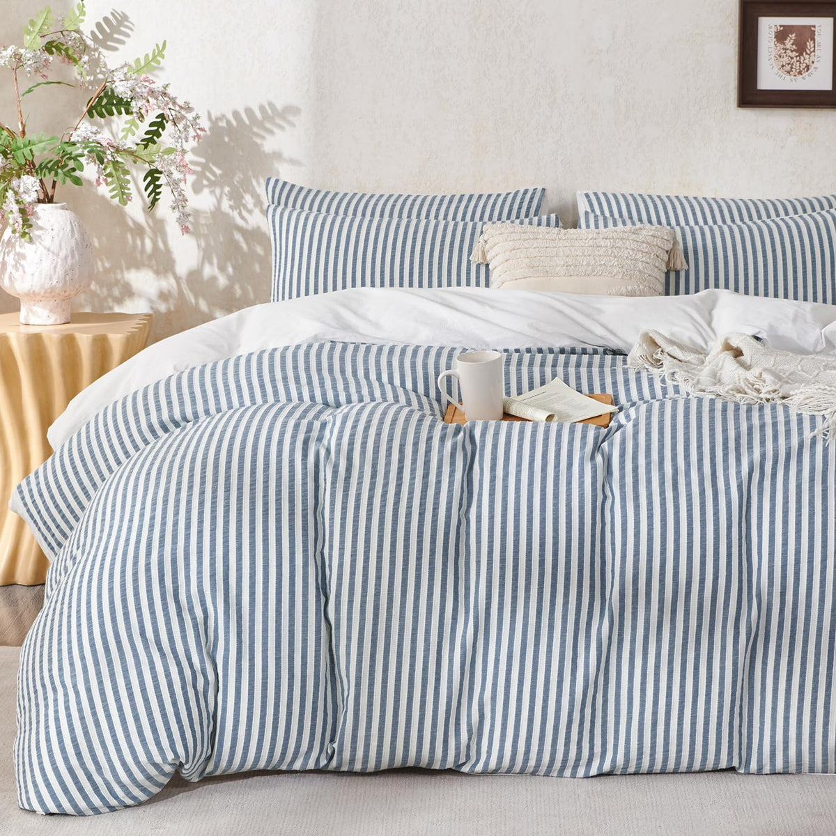 King Size Duvet Cover Set Floral Luxury Soft Brushed Microfiber Crinkle Gauze Fabric 3 Pieces Bedding Set Flower Pattern Duvet Cover King with Zipper Closure Breathable Comfy