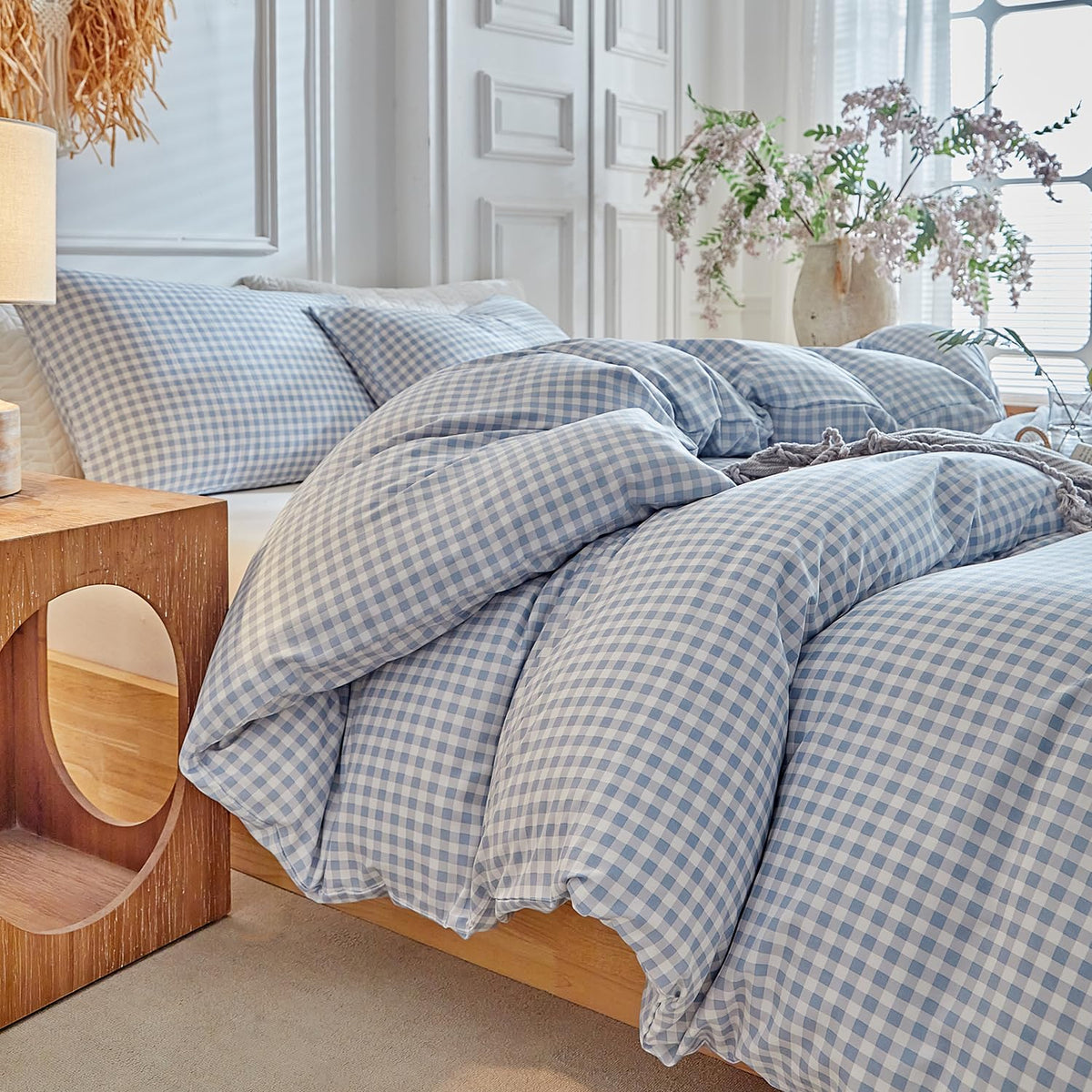 DuShow Grid King Duvet Cover Set - Tan Gingham Washed Microfiber Comforter Cover Set, 3 Pieces Plaid Checkered Soft Reversible Bedding Set(Tan,King)