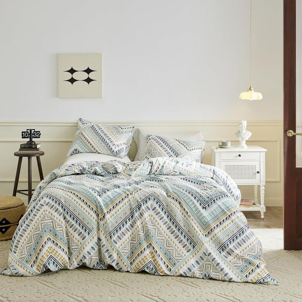 SUSYBAO Boho Aztec Duvet Cover King 100% Cotton 3 Pcs Set 1 Vintage Bohemian Geometric Duvet Cover with Zipper Ties 2 Pillowcases Tribal Yellow Green Triangle Print Bedding Set Soft