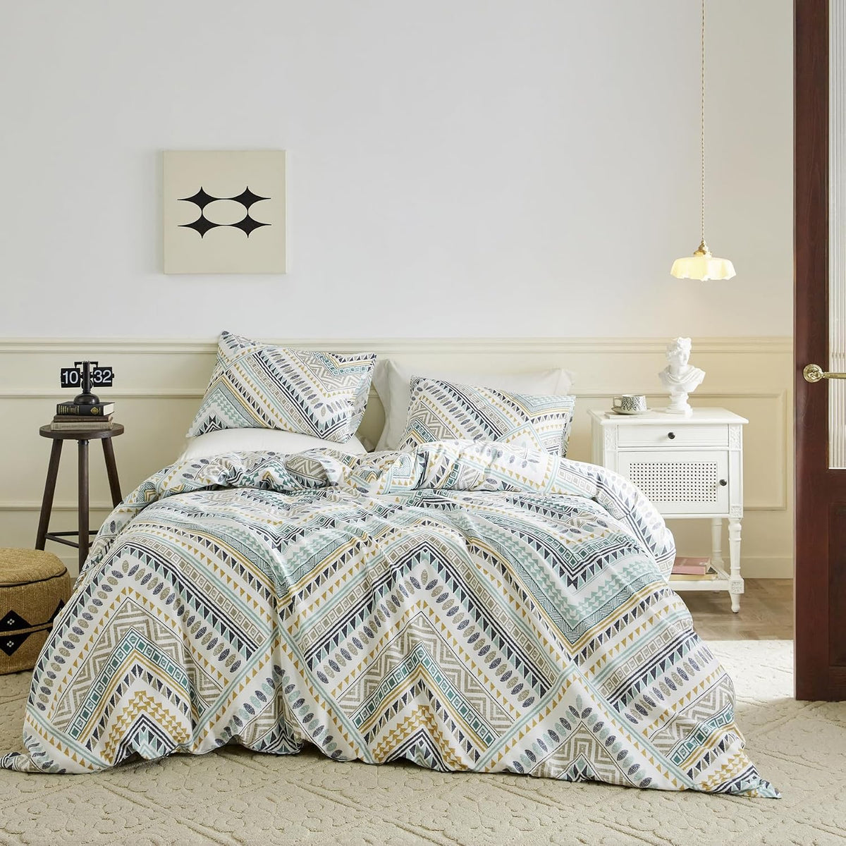 SUSYBAO Boho Aztec Duvet Cover King 100% Cotton 3 Pcs Set 1 Vintage Bohemian Geometric Duvet Cover with Zipper Ties 2 Pillowcases Tribal Yellow Green Triangle Print Bedding Set Soft