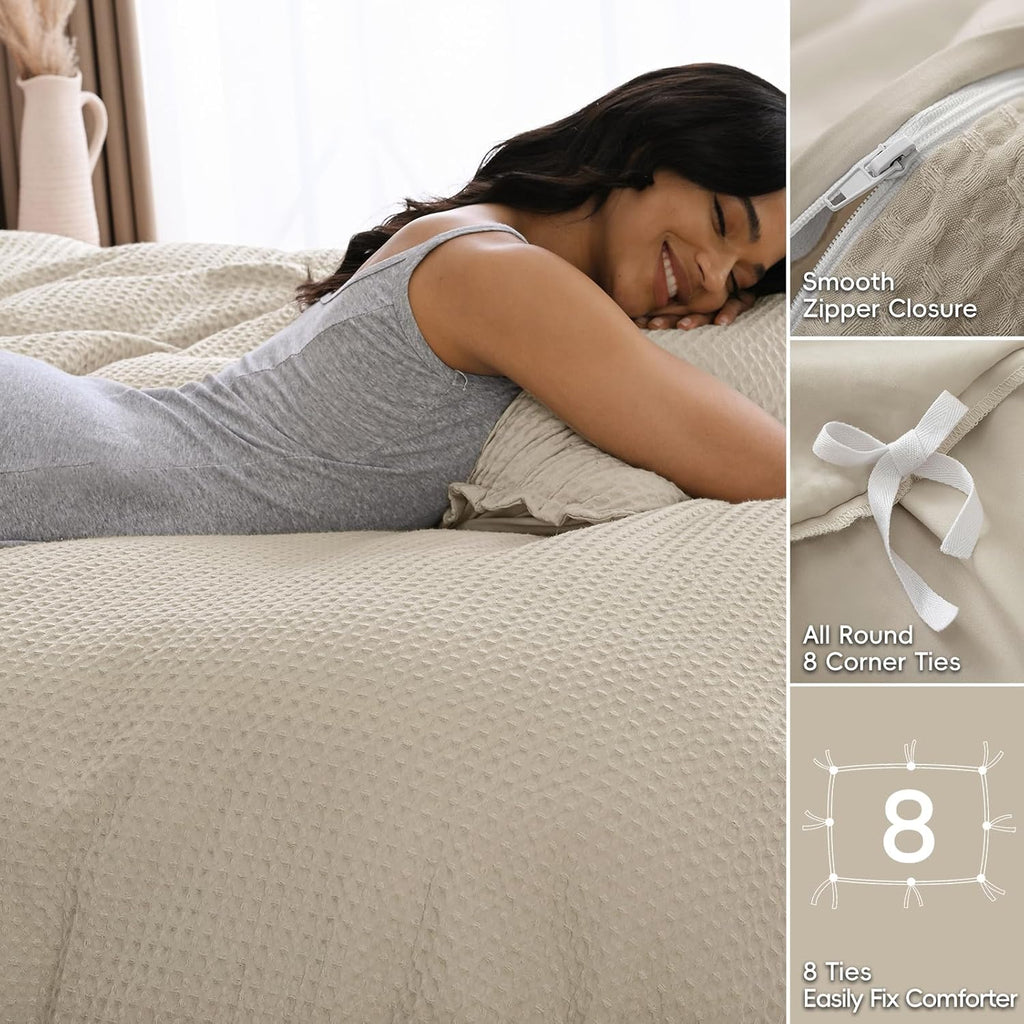 David's Home Soft Textured Waffle Weave Duvet Cover Set, King Size, Natural