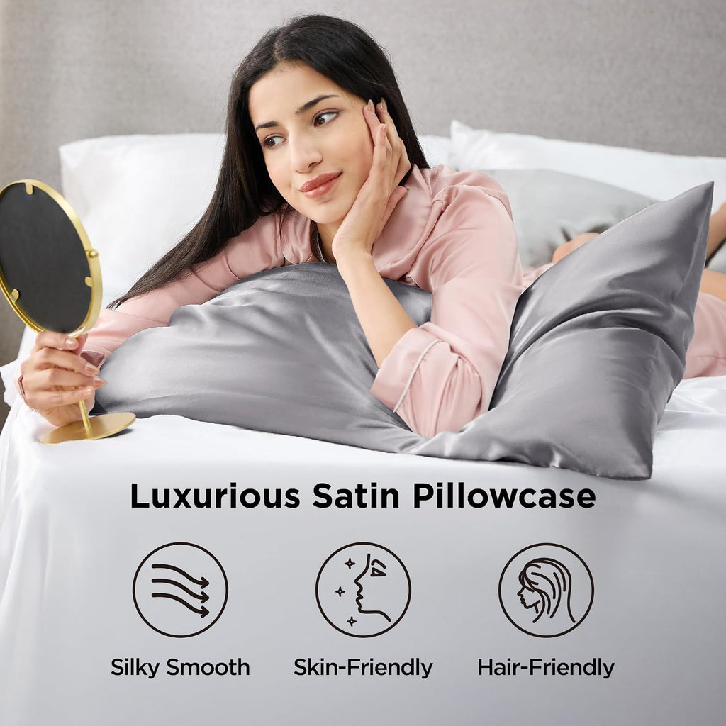 Bedsure Satin Pillowcases Queen Set of 2, Silky Pillow Cases, Dark Grey