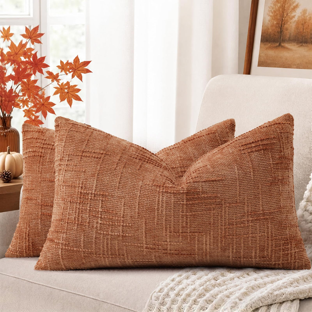 decorUhome Textured Chenille Throw Pillow Covers 18x18 Set of 2 Rust
