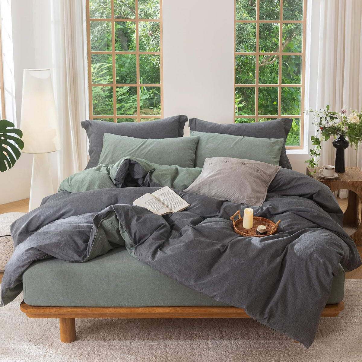 BDEAR 3Pcs Olive Green Duvet Cover Set Queen Size 90" L x 90" W,Oeko TEX