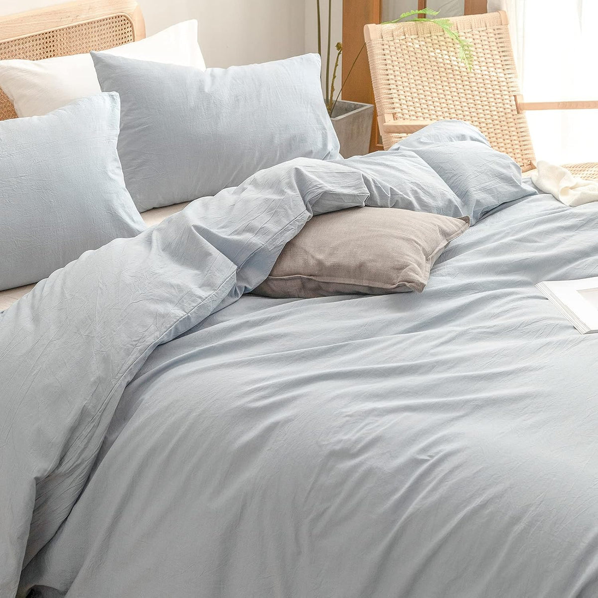 BESTOUCH Cotton Solid Duvet Cover Set Linen Feel Cornflower Blue King