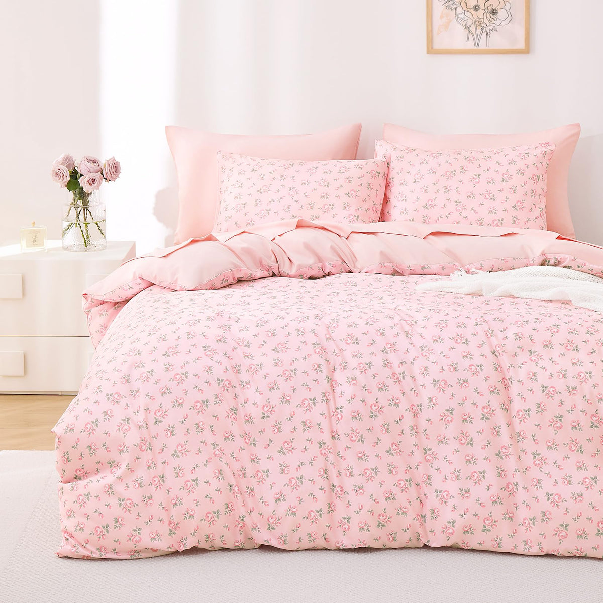 Wake In Cloud - Coquette Duvet Cover Set, Floral Cottagecore Flower Shabby Chic Cute Aesthetic, Soft Lightweight Bedding for Women Teen Girls, 3-Piece, Pink, Queen Size