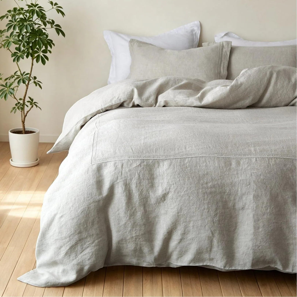 Simple&Opulence 100% French Linen Duvet Cover Set with Embroidered,3 Pcs Washed Soft Farmhouse Bedding Set with Button Closure,1 Comforter Cover and 2 Pillowshams(King,Natural Linen)
