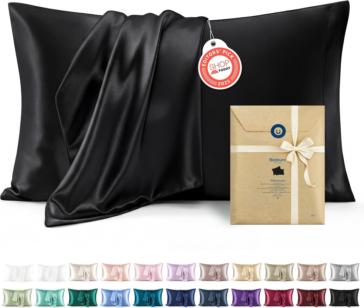 Bedsure Satin Pillowcases Queen Set of 2, Similar to Silk Pillow Case Black
