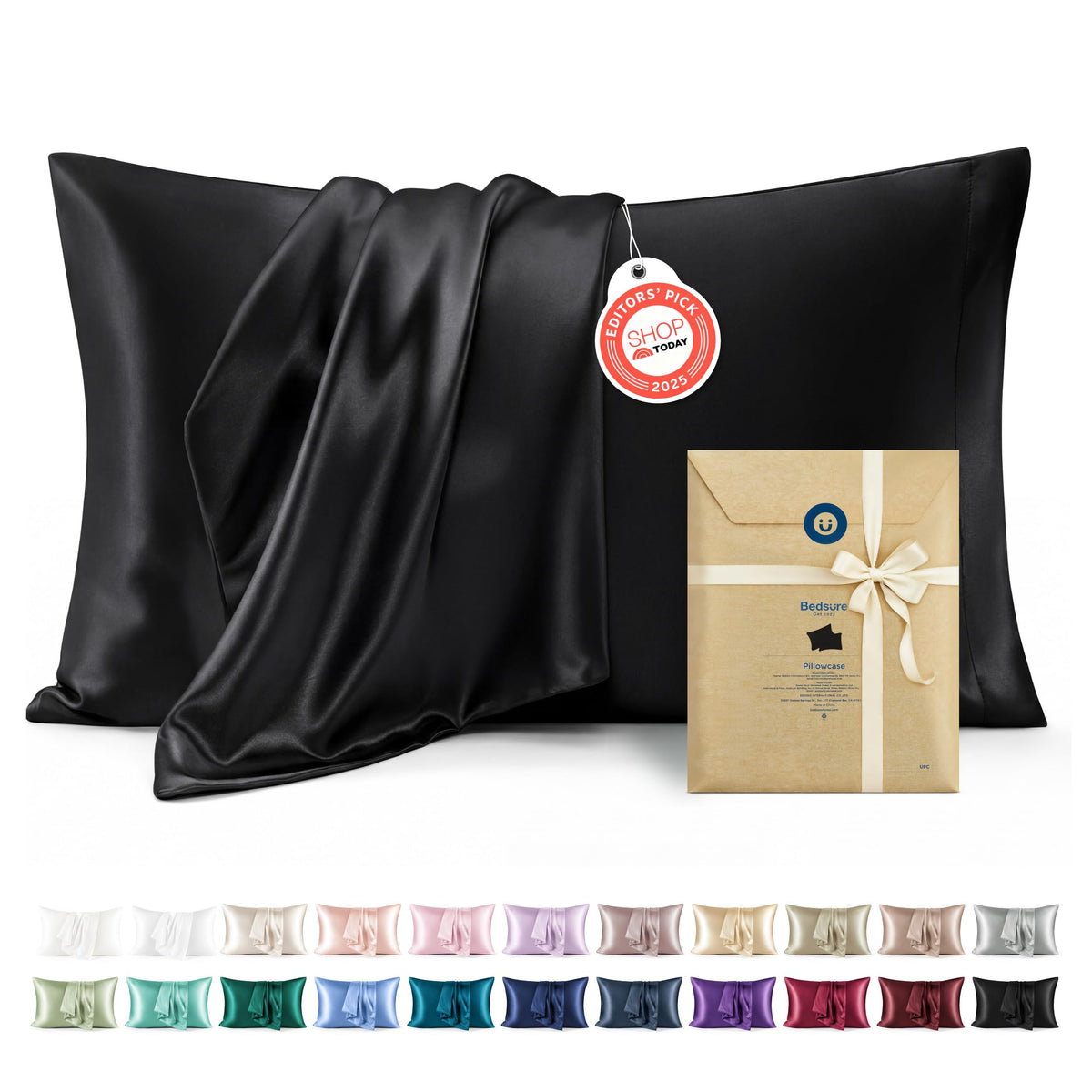 Bedsure Satin Pillowcases Queen Set of 2, Similar to Silk Pillow Case Black