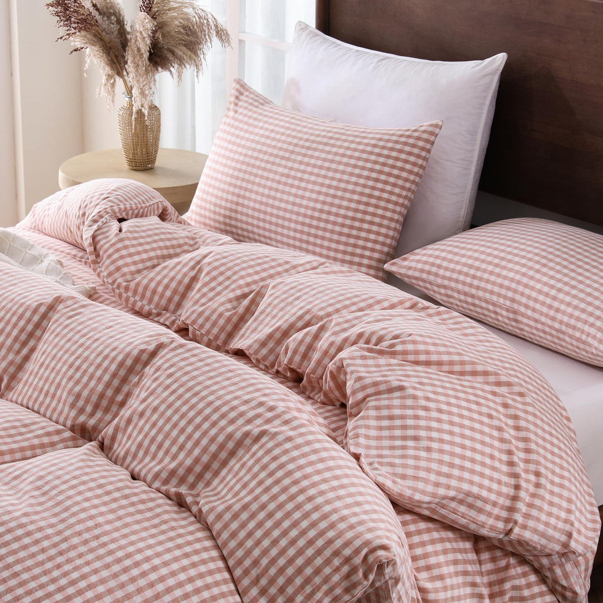 Cotton Brown Gingham Duvet Cover Bedding Set Linen Like, Queen