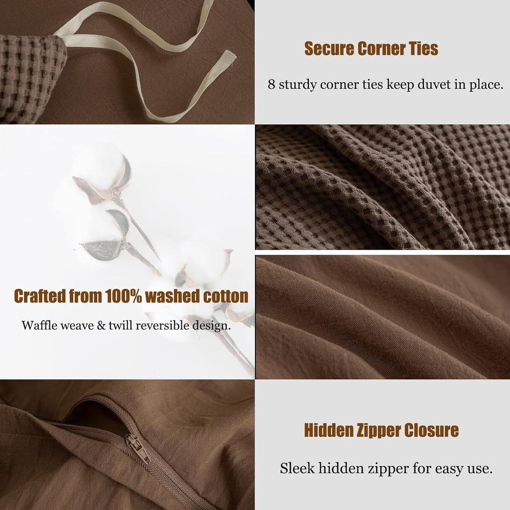 3Pcs Brown Waffle Cotton Duvet Cover Set King 104 x 90