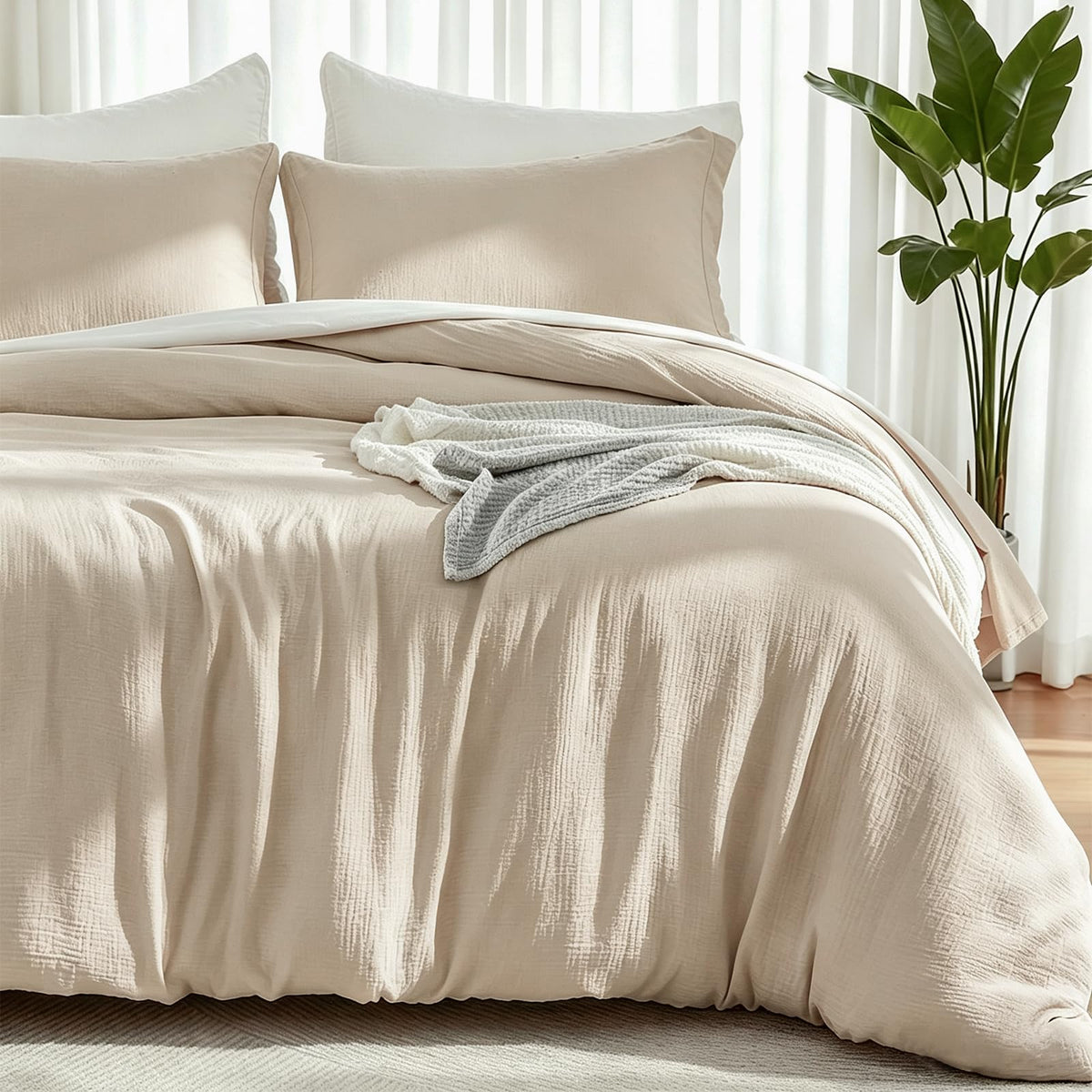 EMME Muslin Cotton Duvet Cover Set Linen Like Cream White Queen