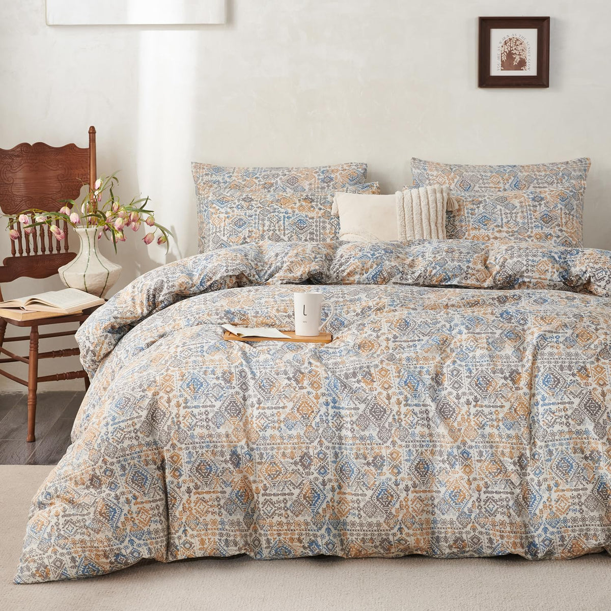 King Size Duvet Cover Set Floral Luxury Soft Brushed Microfiber Crinkle Gauze Fabric 3 Pieces Bedding Set Flower Pattern Duvet Cover King with Zipper Closure Breathable Comfy