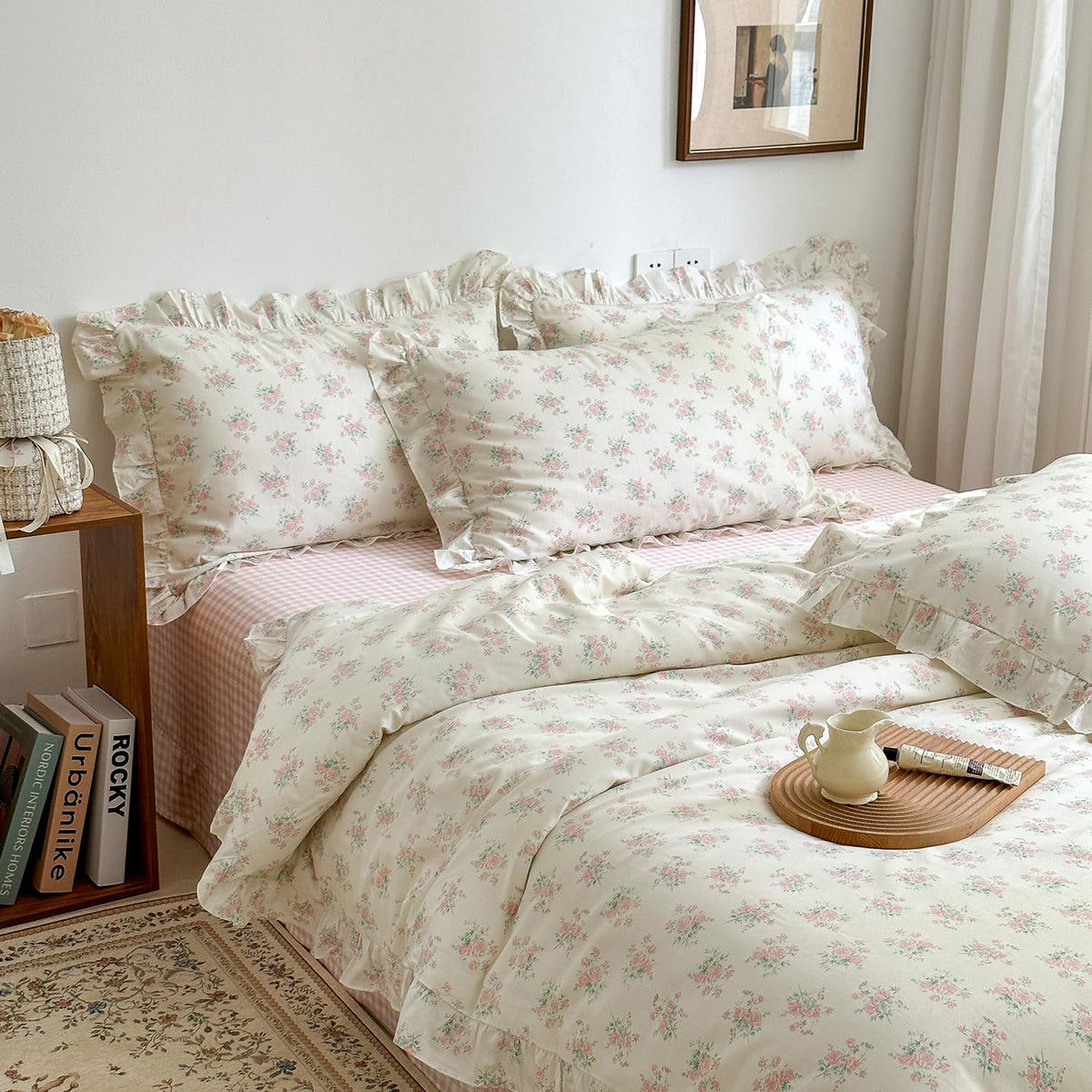 mixinni Reversible Sage Green Floral Duvet Cover Set Queen Size - 100% Cotton Cute Botanical Patterns Bedding Set with Ruffle Lace, 3PCs Beige Soft Aesthetic Cottagecore Style Duvet Cover for Girls