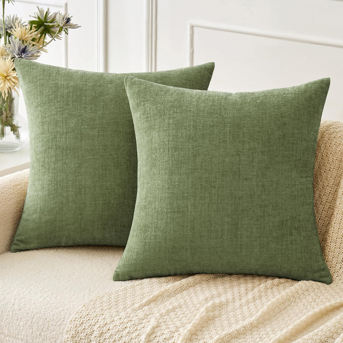 MIULEE Soft Chenille Throw Pillow Covers Sage Green 18x18 Inch Pack of 2